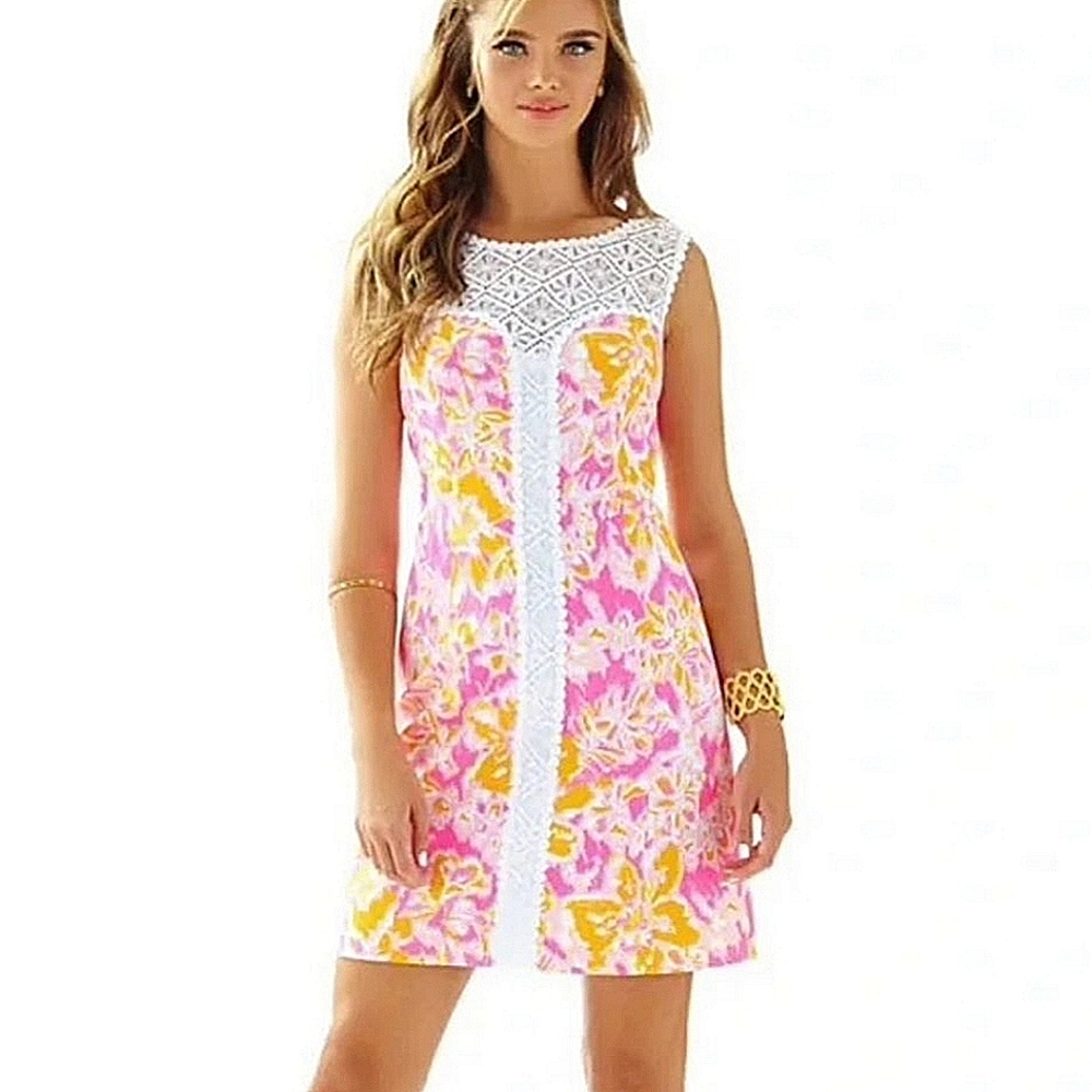 Lilly Pulitzer Pink and Yellow Floral Lace-Trim Shift Dress